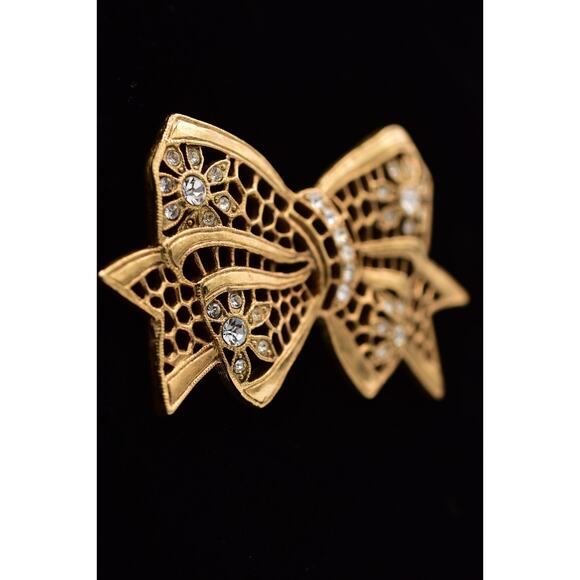 1928 Vintage Floral Bow Pin Brooch Rhinestone Crystal Antiqued Gold 1980s BinBP - Picture 2 of 12
